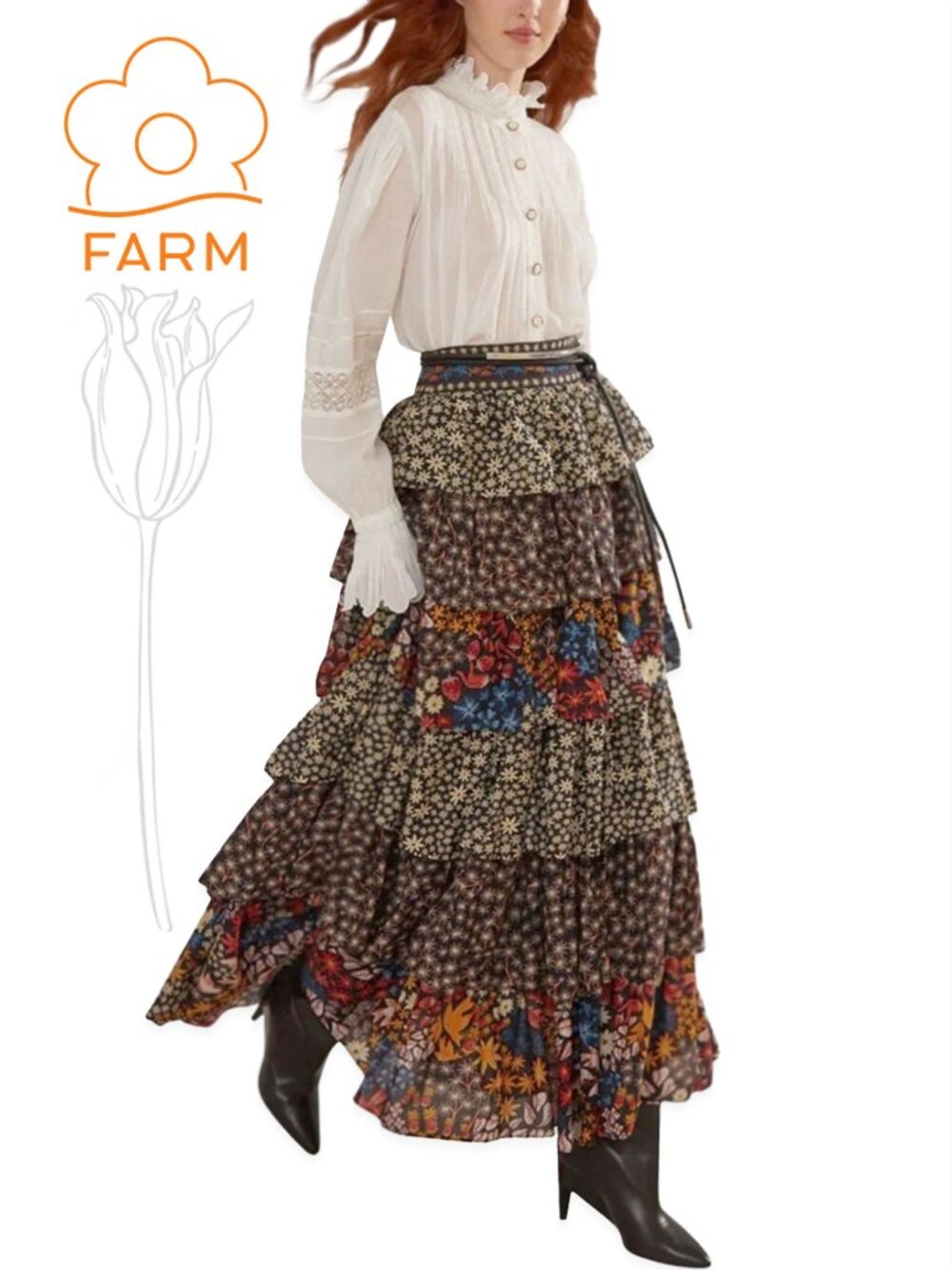FARM Rio Apothea Tiered Maxi Skirt in Black, Red, Blue, Yellow